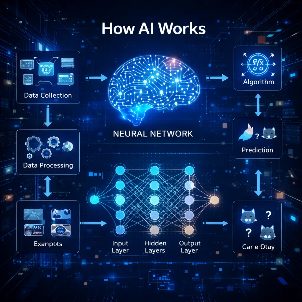 What Is Artificial Intelligence diagram showing AI workflow with data, algorithms, neural network and prediction process