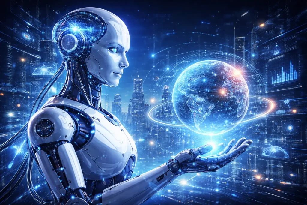 futuristic concept image showing advanced humanoid robot analyzing global digital network