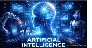 What Is Artificial Intelligence concept image showing digital human brain and futuristic AI technology