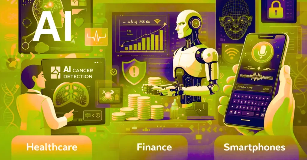 What Is Artificial Intelligence real-world applications illustration showing AI in healthcare, finance and smartphones