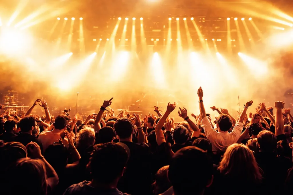 Crowd cheering at a live music awards concert with stage lights